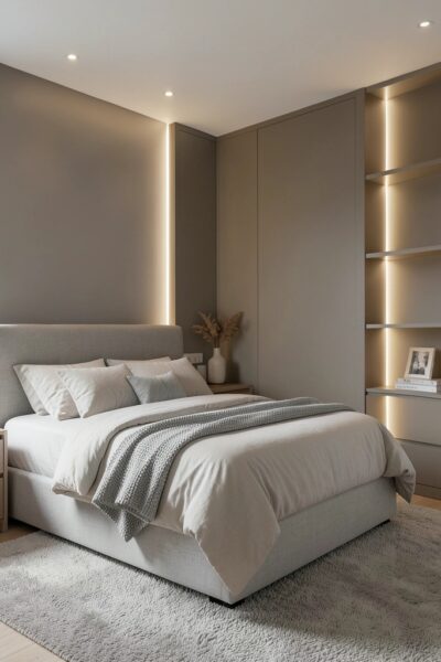 Amenajarea Modernă a Dormitorului cu Rigips și Sistem de Iluminare